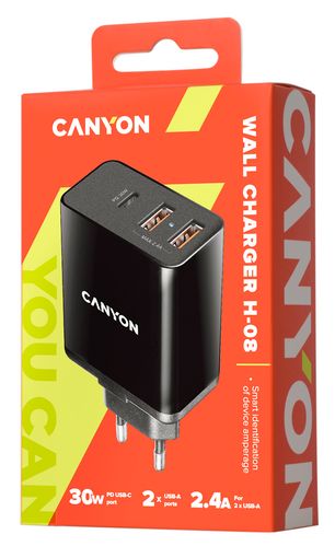 Сетевое зарядное устройство Canyon H-08 PD с разъемом Type-C, черное Сетевое зарядное устройство Canyon H-08 PD с разъемом Type-C, черное