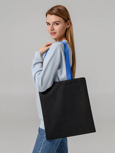 Холщовая сумка BrighTone, черная с ярко-синими ручками Холщовая сумка BrighTone, черная с ярко-синими ручками