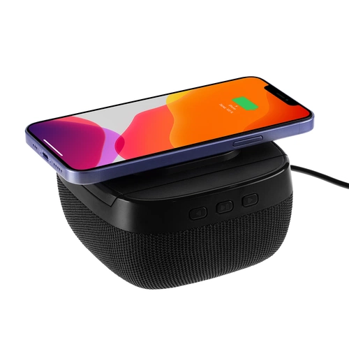 Колонка с беспроводной зарядкой Esca и подсветкой логотипа, черная Колонка с беспроводной зарядкой Esca и подсветкой логотипа, черная