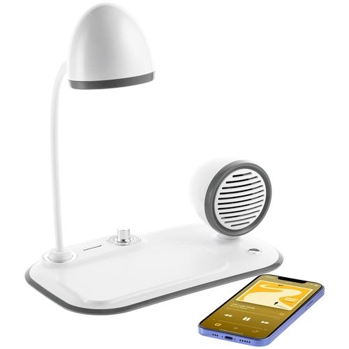 Лампа с колонкой и беспроводной зарядкой Flashback, белая Лампа с колонкой и беспроводной зарядкой Flashback, белая