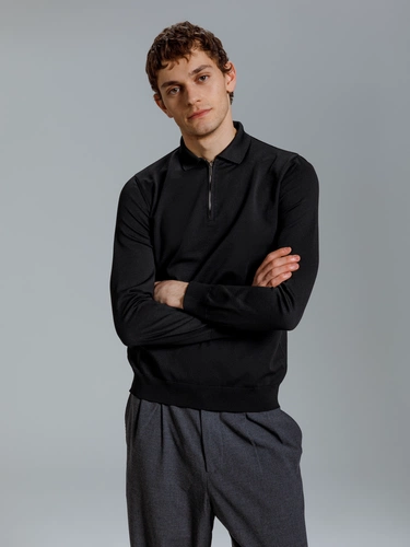 Рубашка поло мужская с длинным рукавом Terrazzo, черная Рубашка поло мужская с длинным рукавом Terrazzo, черная