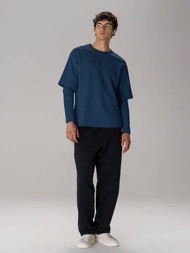 Футболка оверсайз с двойным рукавом Kosmos, темно-синяя Футболка оверсайз с двойным рукавом Kosmos, темно-синяя