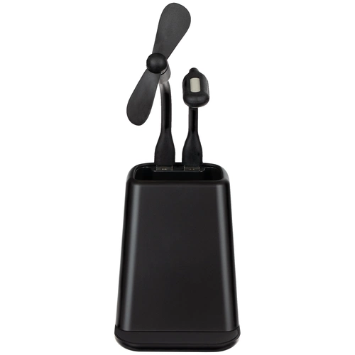 Настольный органайзер с зарядкой, лампой, вентилятором и подсветкой логотипа powerTower, черный Настольный органайзер с зарядкой, лампой, вентилятором и подсветкой логотипа powerTower, черный