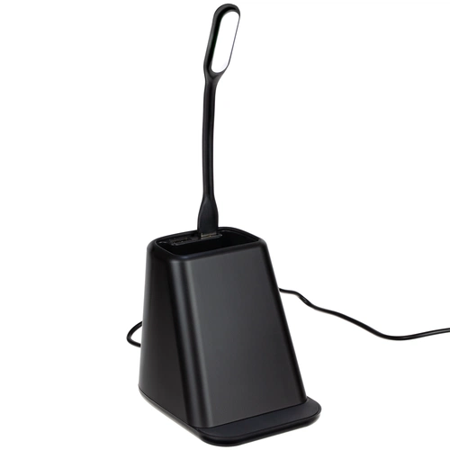 Настольный органайзер с зарядкой, лампой, вентилятором и подсветкой логотипа powerTower, черный Настольный органайзер с зарядкой, лампой, вентилятором и подсветкой логотипа powerTower, черный