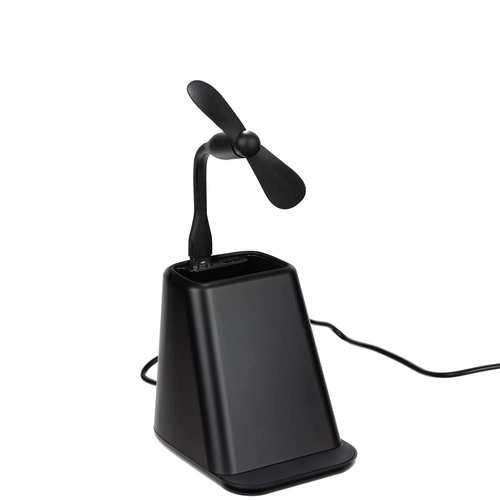 Настольный органайзер с зарядкой, лампой, вентилятором и подсветкой логотипа powerTower, черный Настольный органайзер с зарядкой, лампой, вентилятором и подсветкой логотипа powerTower, черный