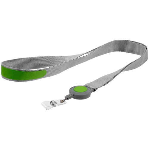 Лента для бейджа с ретрактором Devon, серая с зеленым Лента для бейджа с ретрактором Devon, серая с зеленым