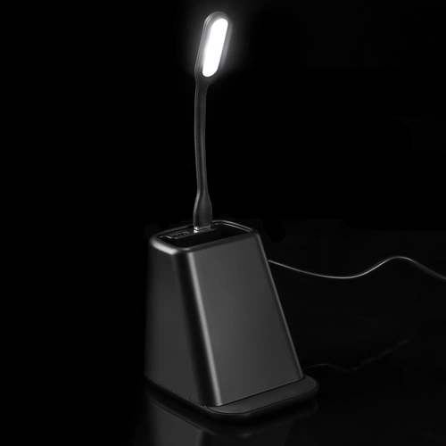 Настольный органайзер с зарядкой, лампой, вентилятором и подсветкой логотипа powerTower, черный Настольный органайзер с зарядкой, лампой, вентилятором и подсветкой логотипа powerTower, черный