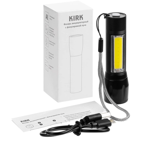 Фонарик аккумуляторный с фокусировкой луча Kirk, черный Фонарик аккумуляторный с фокусировкой луча Kirk, черный