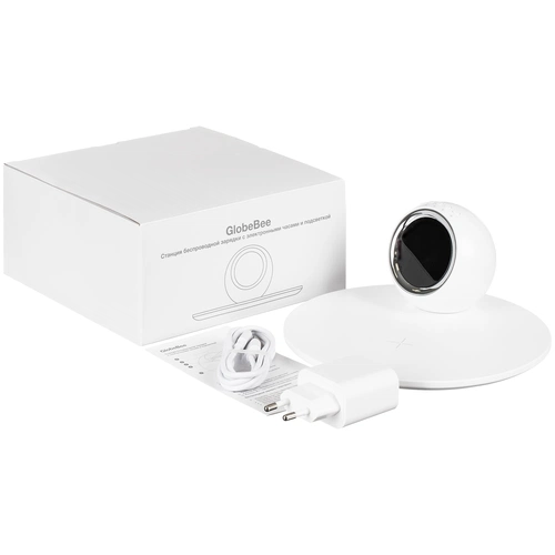 Станция беспроводной зарядки с часами и подсветкой GlobeBee, белая Станция беспроводной зарядки с часами и подсветкой GlobeBee, белая