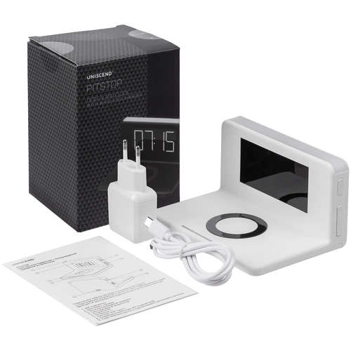 Часы настольные с беспроводным зарядным устройством Pitstop, белые Часы настольные с беспроводным зарядным устройством Pitstop, белые