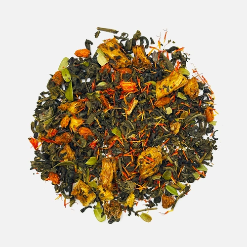 Чай «Сокочай», зеленый с соком ананаса, облепихой, толокнянкой и сафлором Чай «Сокочай», зеленый с соком ананаса, облепихой, толокнянкой и сафлором