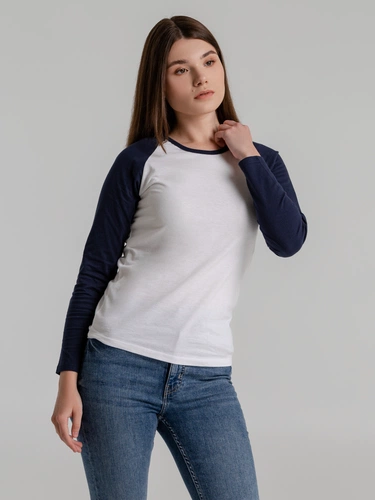 Футболка женская с длинным рукавом Milky Lsl, белая с темно-синим Футболка женская с длинным рукавом Milky Lsl, белая с темно-синим