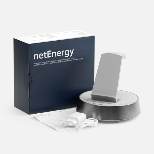 Bluetooth-колонка с беспроводной зарядкой и часами netEnergy, серая Bluetooth-колонка с беспроводной зарядкой и часами netEnergy, серая