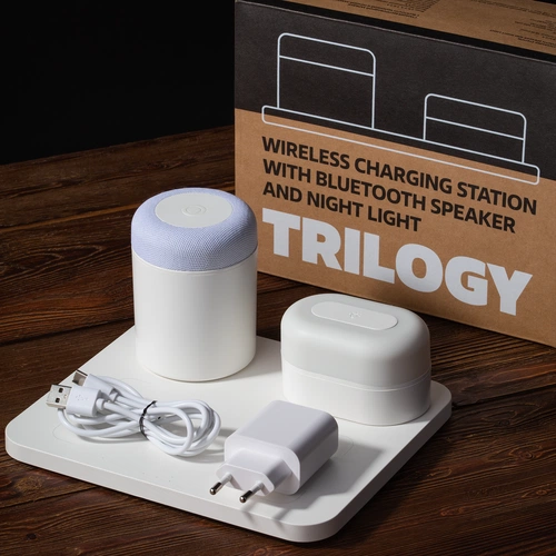 Станция беспроводной зарядки с колонкой и ночником Trilogy, белая Станция беспроводной зарядки с колонкой и ночником Trilogy, белая