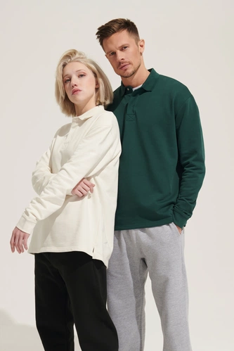 Рубашка поло оверсайз с длинным рукавом Heritage, темно-синяя Рубашка поло оверсайз с длинным рукавом Heritage, темно-синяя