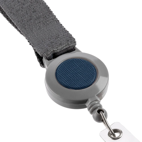 Лента для бейджа с ретрактором Devon, серая с синим Лента для бейджа с ретрактором Devon, серая с синим