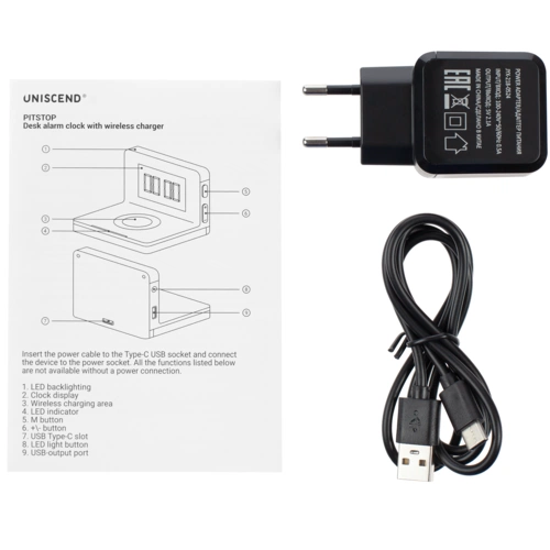 Часы настольные с беспроводным зарядным устройством Pitstop, черные Часы настольные с беспроводным зарядным устройством Pitstop, черные