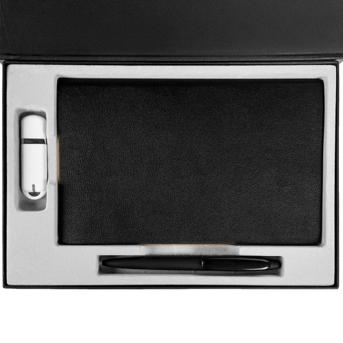 Коробка Silk с ложементом под ежедневник 13x21 см, флешку и ручку, ver. 2, черная Коробка Silk с ложементом под ежедневник 13x21 см, флешку и ручку, ver. 2, черная