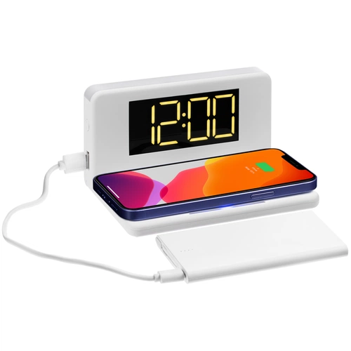 Часы настольные с беспроводным зарядным устройством Pitstop, белые Часы настольные с беспроводным зарядным устройством Pitstop, белые