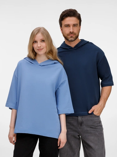 Футболка оверсайз унисекс с капюшоном Neofit, темно-синяя Футболка оверсайз унисекс с капюшоном Neofit, темно-синяя