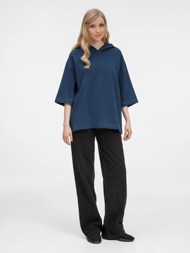 Футболка оверсайз унисекс с капюшоном Neofit, темно-синяя Футболка оверсайз унисекс с капюшоном Neofit, темно-синяя