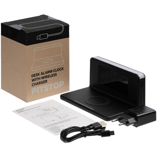 Часы настольные с беспроводным зарядным устройством Pitstop, черные Часы настольные с беспроводным зарядным устройством Pitstop, черные