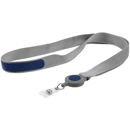 Лента для бейджа с ретрактором Devon, серая с синим Лента для бейджа с ретрактором Devon, серая с синим