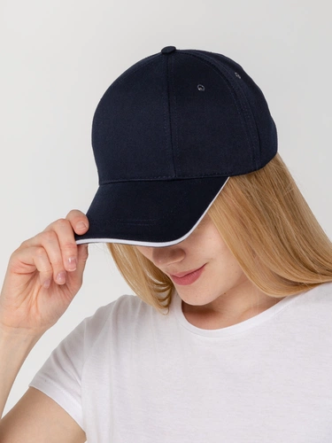 Бейсболка Canopy, темно-синяя с белым кантом Бейсболка Canopy, темно-синяя с белым кантом