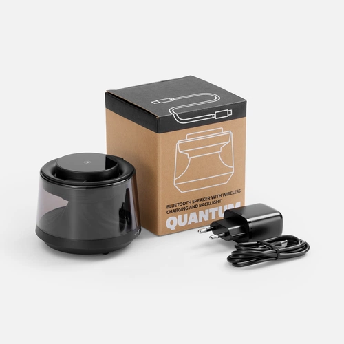 Bluetooth-колонка с подсветкой и беспроводной зарядкой Quantium, черная Bluetooth-колонка с подсветкой и беспроводной зарядкой Quantium, черная