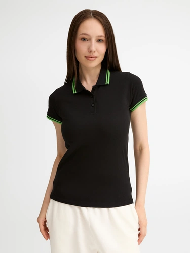 Рубашка поло женская Pasadena Women 200 с контрастной отделкой, черная с зеленым Рубашка поло женская Pasadena Women 200 с контрастной отделкой, черная с зеленым