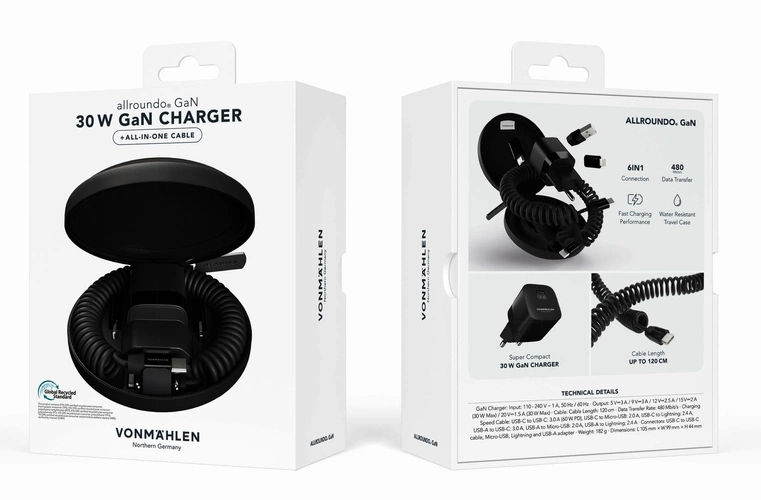 Зарядное устройство Vonmahlen Allroundo GaN, черное Зарядное устройство Vonmahlen Allroundo GaN, черное