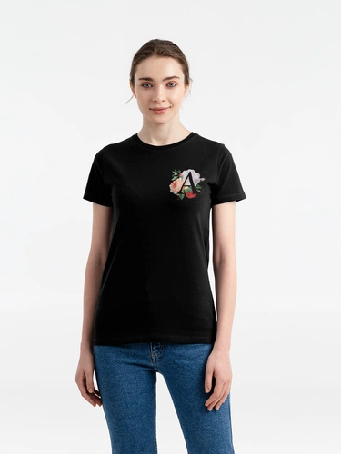 Футболка женская «Цветочная азбука: А», черная Футболка женская «Цветочная азбука: А», черная
