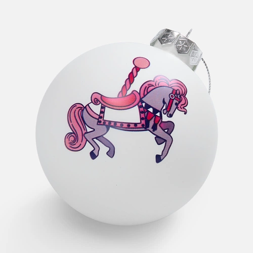 Елочный шар «Розовая карусель», 8 см, матовый белый с тампопечатью Елочный шар «Розовая карусель», 8 см, матовый белый с тампопечатью