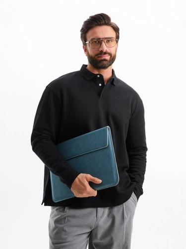 Рубашка поло оверсайз с длинным рукавом Heritage, черная Рубашка поло оверсайз с длинным рукавом Heritage, черная