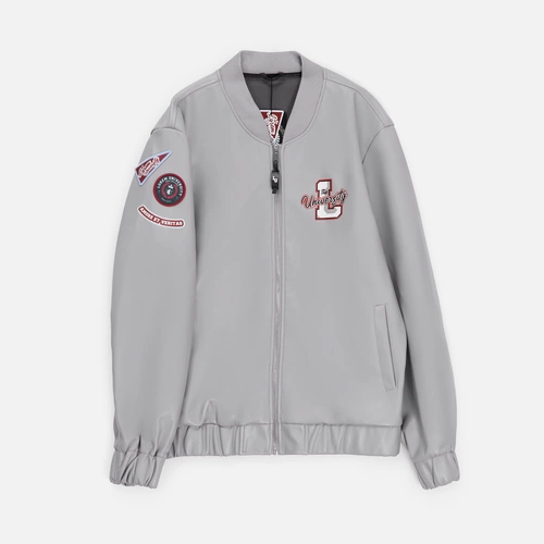 Бомбер из искусственной кожи Univer, серый с нанесением