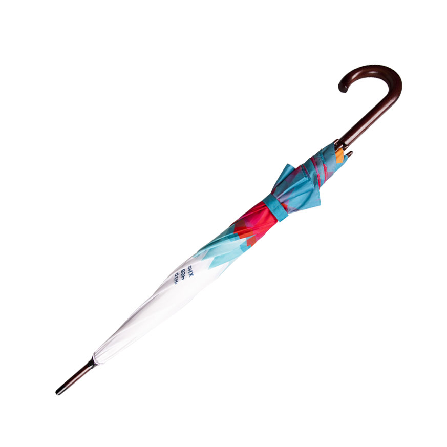Пример зонта с полноцветной печатью и деревянной ручкой